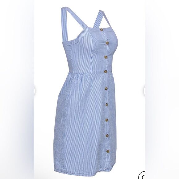 J Crew  Button Front Dress Sz 12  Seersucker Stripe White/Blue Sleeveless NWT - Picture 2 of 16